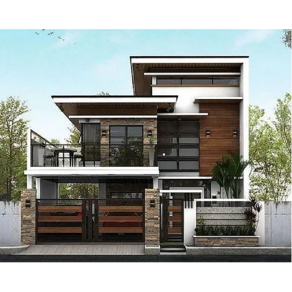 Desain Rumah Kotak Minimalis 2 Lantai Kombinasi Warna Kayu dan Batu Alam