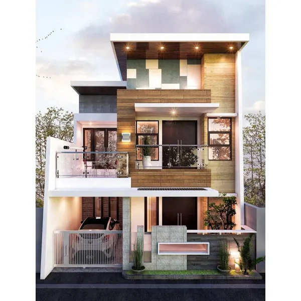 Desain Rumah Kotak Minimalis 2 Lantai dengan Variasi Batu Alam