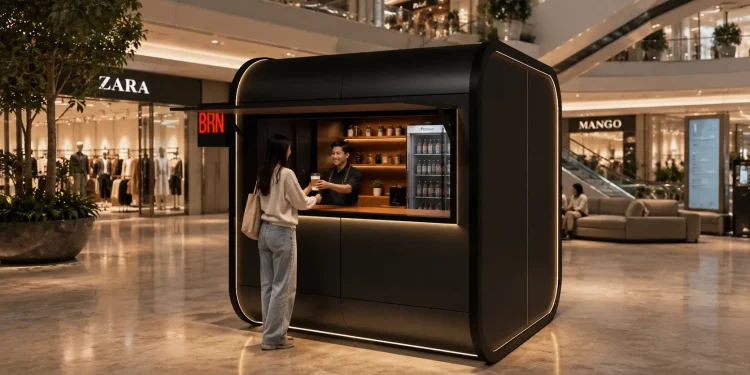 Booth Kopi Minimalis dengan Konsep Portable 1 Tradecorp ModPod Cafe Indoor Scene