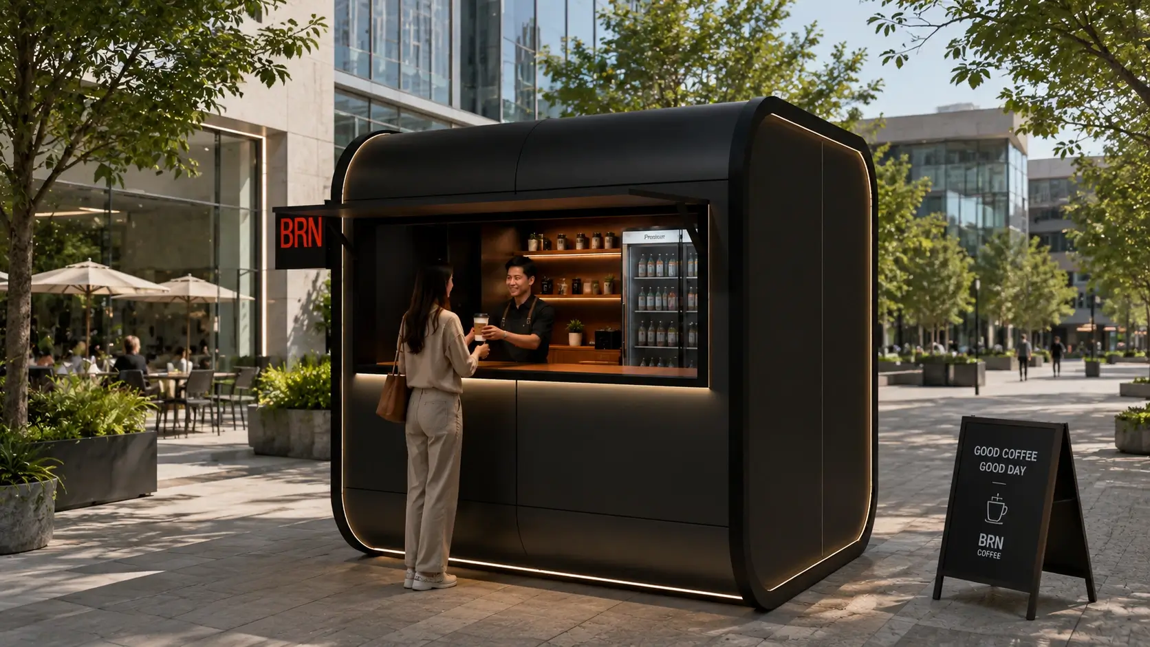 Booth Kopi Minimalis dengan Konsep Portable 4 Tradecorp ModPod Cafe Outdoor Scene