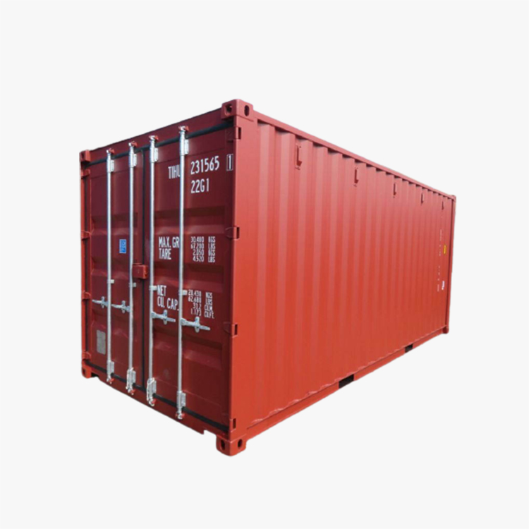 Red general purpose shipping container viewed from 45 degrees back and side.