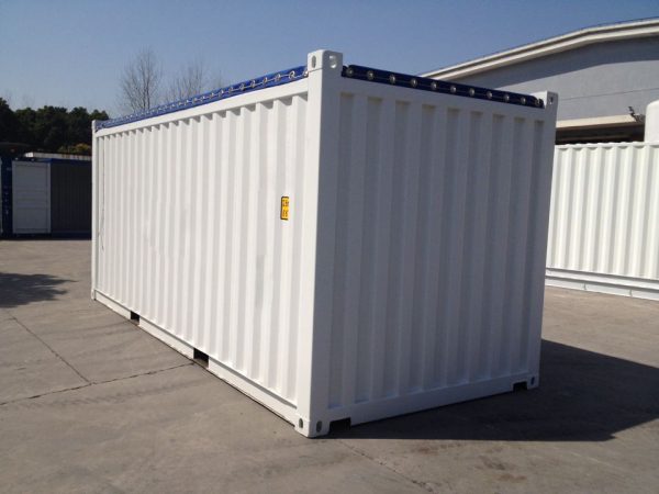 Open top shipping container ukuran 20 feet warna putih view 45 derajat samping dan belakang.