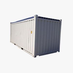Container 20 feet open top warna putih view 45 derajat dari samping dan belakang.