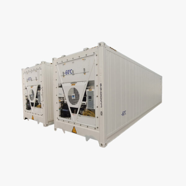 40 kaki high cube refrigerated container warna putih dengan view 45 derajat samping dan belakang.