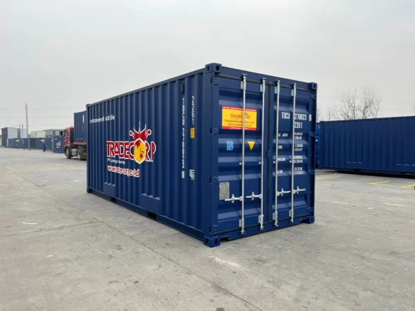 Container general purpose warna biru cobalt view pintu belakang dan samping.