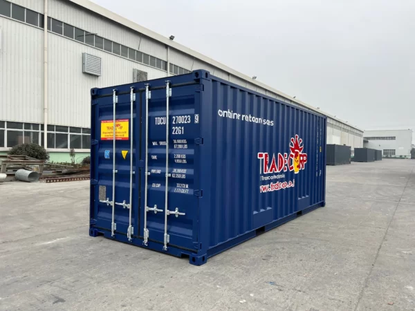 20'general purpose container RAL 5013 warna biru cobalt, view 45 derajat pintu belakang dan sisi samping.