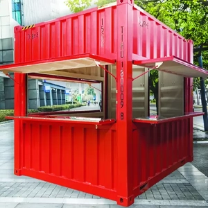 booth container mini warna merah cocok untuk jual minuman di Sekayu